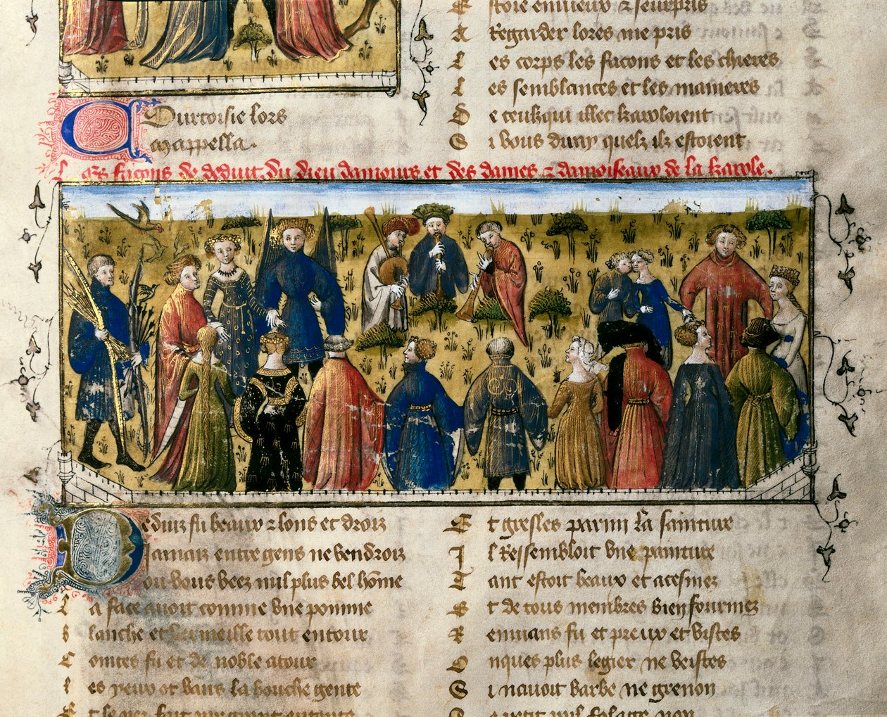 Diversões da quadra: danças e jogos. A cena acontece na presença dos deuses do Amor, Beleza, Entrega, Franquia, Cortesia e Juventude. Miniatura de "" O Romano da Rosa "". Século XIV de Valência. Biblioteca da Universidade. ©AISA/Leemage de Unknown artist