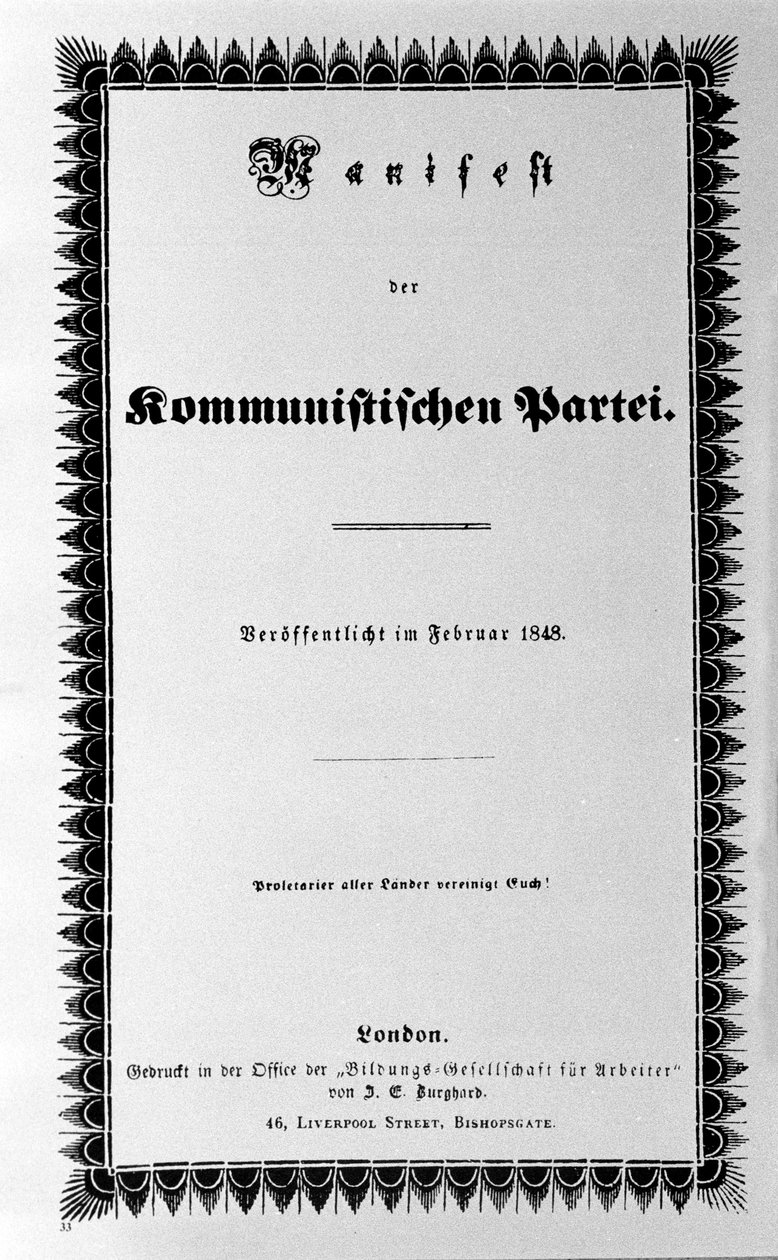 Capa do Manifesto do Partido Comunista de Karl Marx e Friedrich Engels, primeira edição, Londres 1848 (30 páginas). "Proletários de todos os países te unem" de Unknown artist