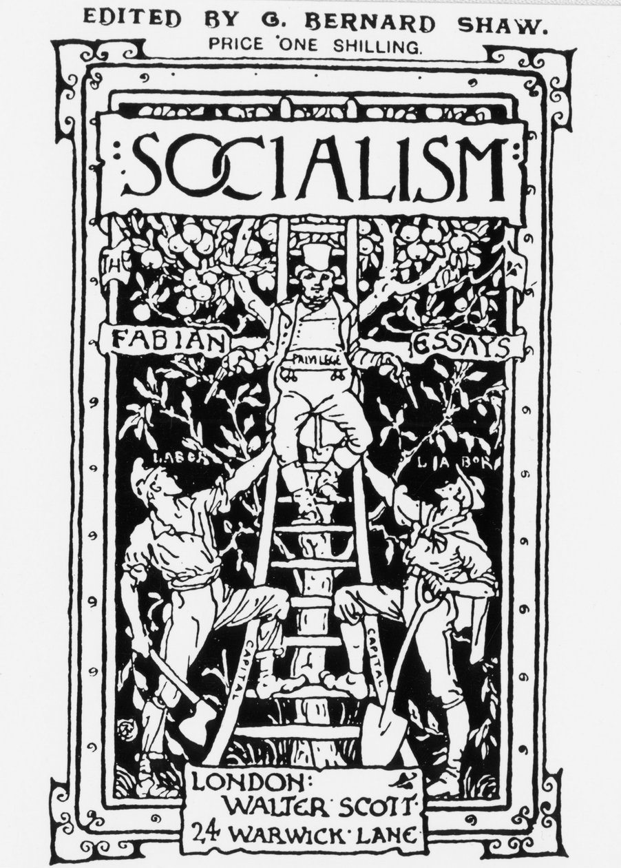 Capa da revista "Socialismo" da Fabian Society, editada por G. B. Shaw. A alegoria representa o privilégio no topo da escala simbolizando o capital e a supervisão dos trabalhadores com duas armas. Gravura. de Unknown artist