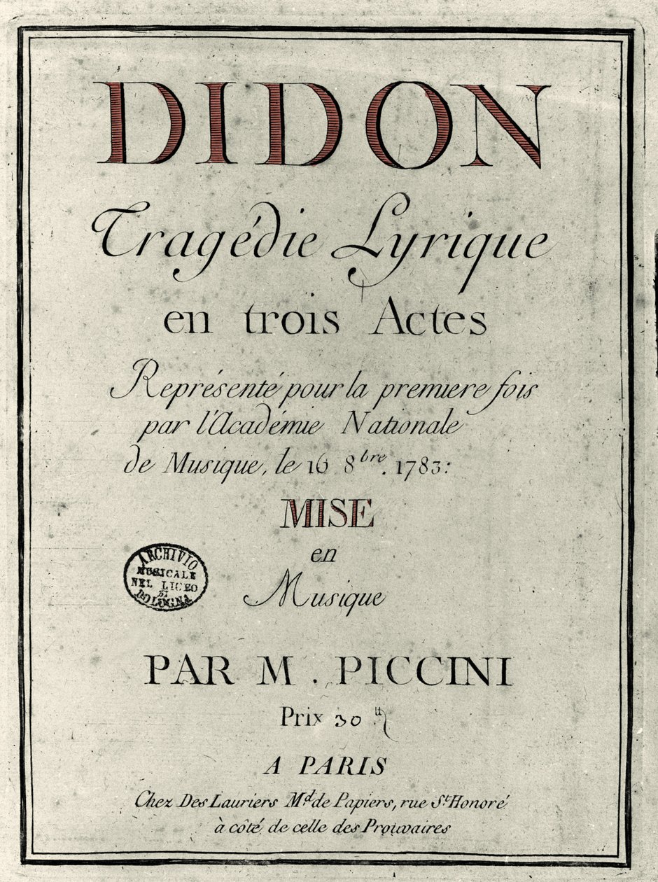 Capa do libreto da ópera "Didon" do compositor Niccolo Vito Piccinni (ou Piccini) (1728-1800). 1783 de Unknown artist