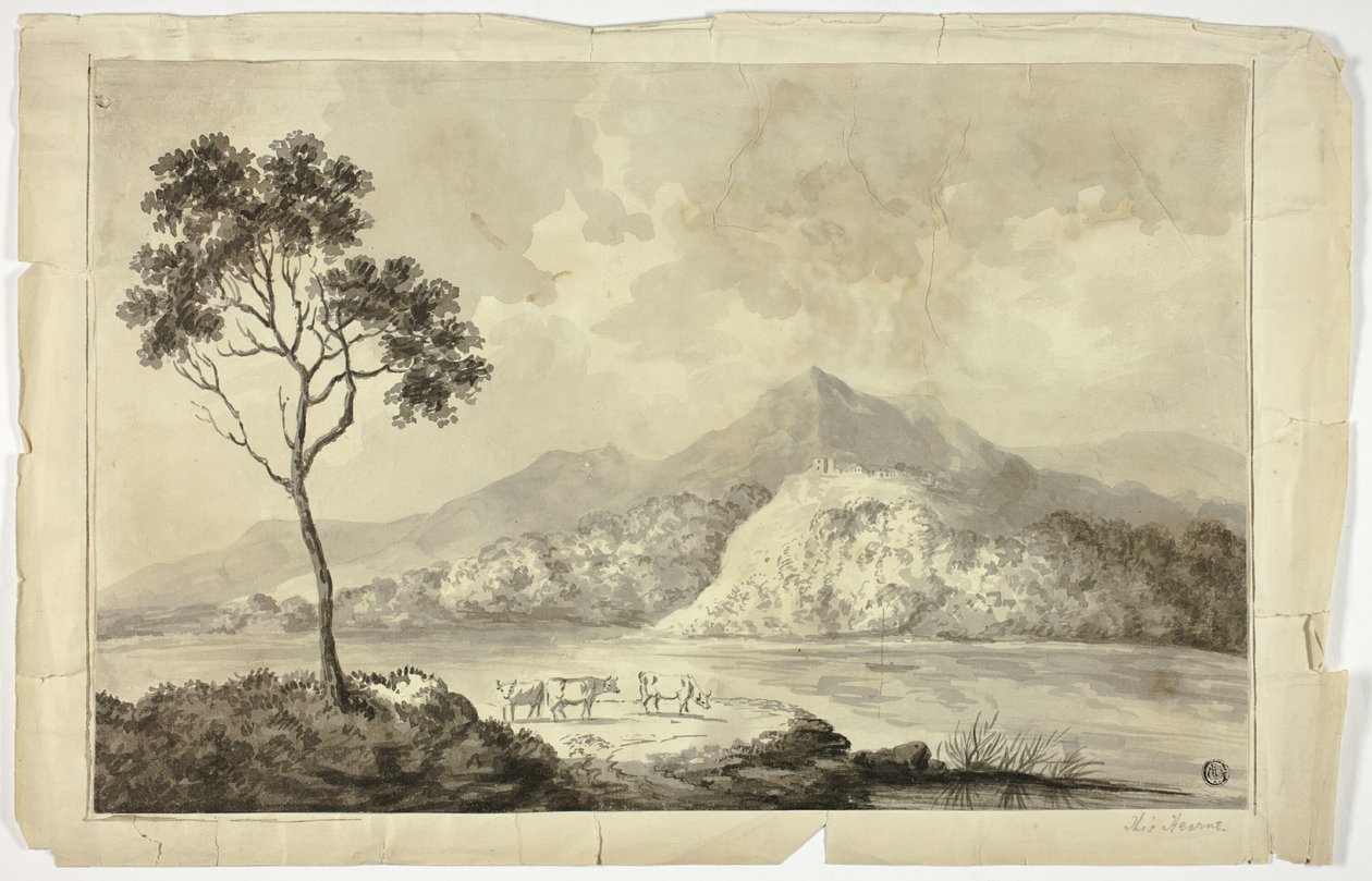 Vacas pelo lago da montanha de Unknown artist