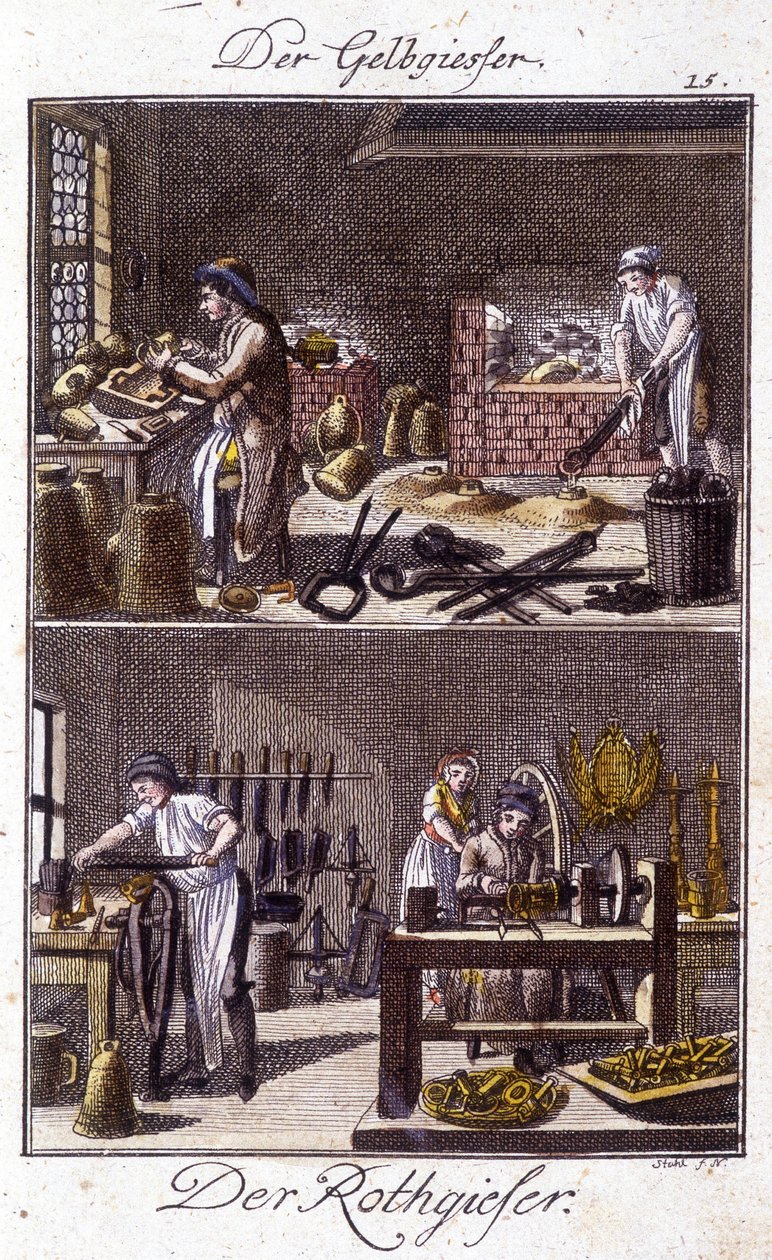 Artesanato: fundição de cobre e dinandier em suas oficinas. Em "Comprehensive description of arts and crafts and workshops for young people" por Johan Peter Vire. Ed. Nuremberga, Weigel e Schneider de Unknown artist