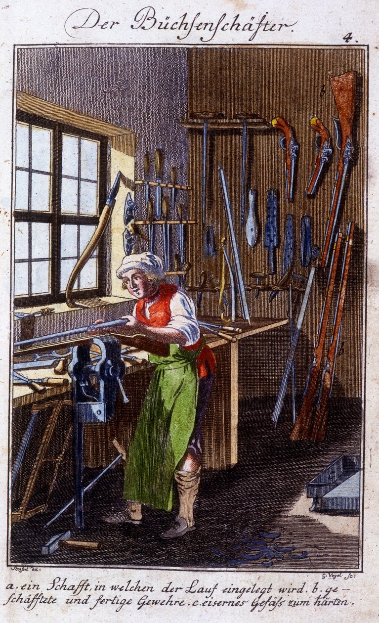 Artesanato: o arquebus maker na sua oficina. Em "Comprehensive description of arts and crafts and workshops for young people" por Johan Peter Vue. Ed. Nuremberga, Weigel e Schneider de Unknown artist
