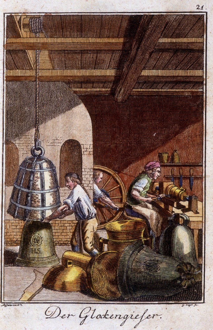 Ofício artesanal: o fazedor de sinos na sua oficina. Em "Comprehensive description of arts and crafts and workshops for young people" por Johan Peter Vue. Ed. Nuremberga, Weigel e Schneider de Unknown artist