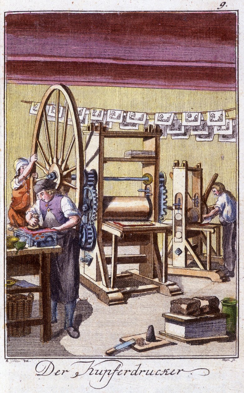 Artesanato: o gravador de cobre na sua oficina. Em "Comprehensive description of arts and crafts and workshops for young people" por Johan Peter Vire. Ed. Nuremberga, Weigel e Schneider de Unknown artist