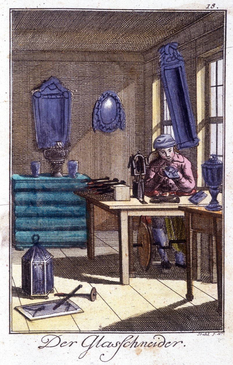 Artesanato: o criador de cristais na sua oficina. Em "Comprehensive description of arts and crafts and workshops for young people" por Johan Peter Vue. Ed. Nuremberga, Weigel e Schneider de Unknown artist