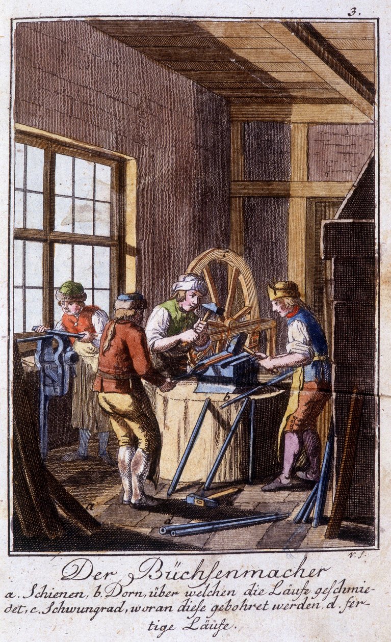 Artesanato: o harquebusher na sua oficina. Em "Comprehensive description of arts and crafts and workshops for young people" por Johan Peter Vue. Ed. Nuremberga, Weigel e Schneider de Unknown artist