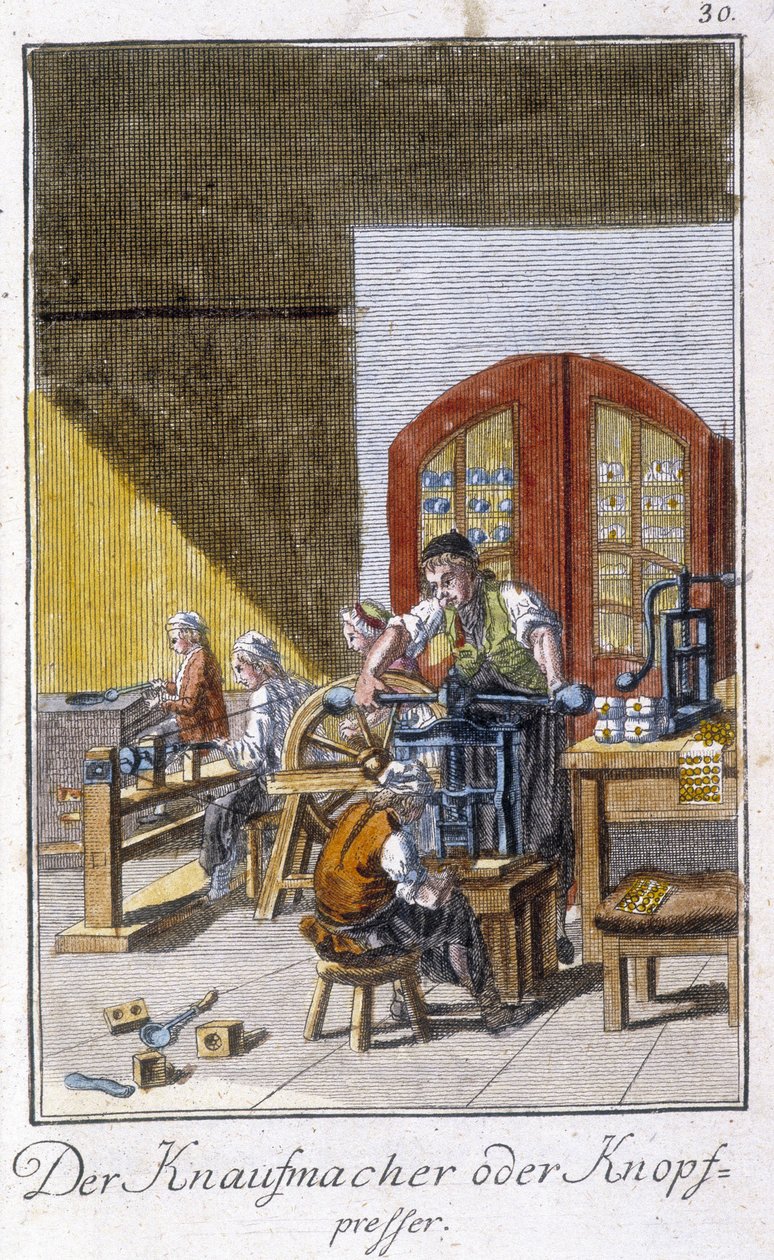 Artesanato: o fabricante de botões na sua oficina. Em "Comprehensive description of arts and crafts and workshops for young people" por Johan Peter Vue. Ed. Nuremberga, Weigel e Schneider de Unknown artist