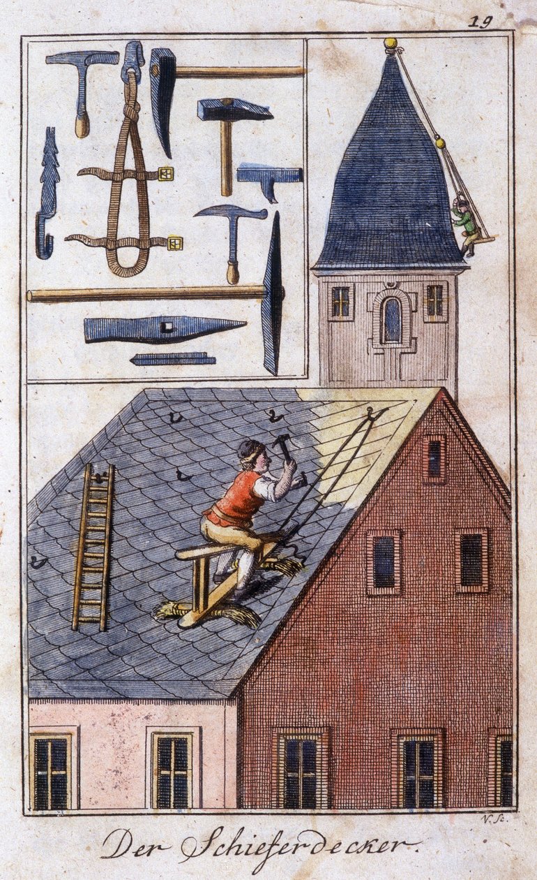Artesanato: o telhador de ardósia e suas ferramentas de trabalho. Em "Comprehensive description of arts and crafts and workshops for young people" por Johan Peter Vue. Ed. Nuremberga, Weigel e Schneider de Unknown artist