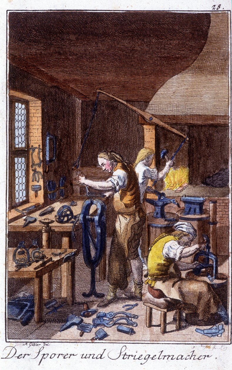 Artesanato: o esporão, o fabricante de escovas de encolhimento na sua oficina. Em "Comprehensive description of arts and crafts and workshops for young people" por Johan Peter Vire. Ed. Nuremberga, Weigel e Schneider de Unknown artist