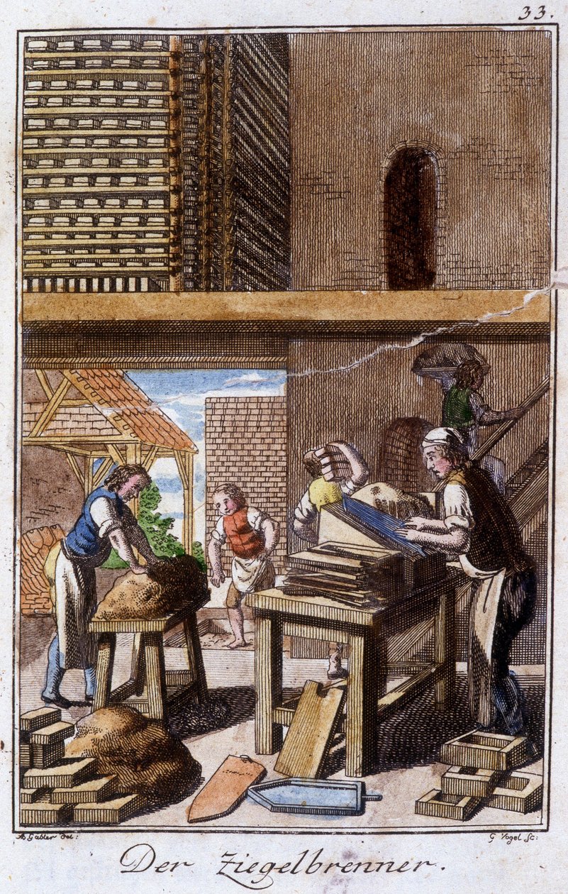 Artesanato: o fabricante de azulejos ou tijolos na sua oficina. Em "Comprehensive description of arts and crafts and workshops for young people" por Johan Peter Vue. Ed. Nuremberga, Weigel e Schneider de Unknown artist