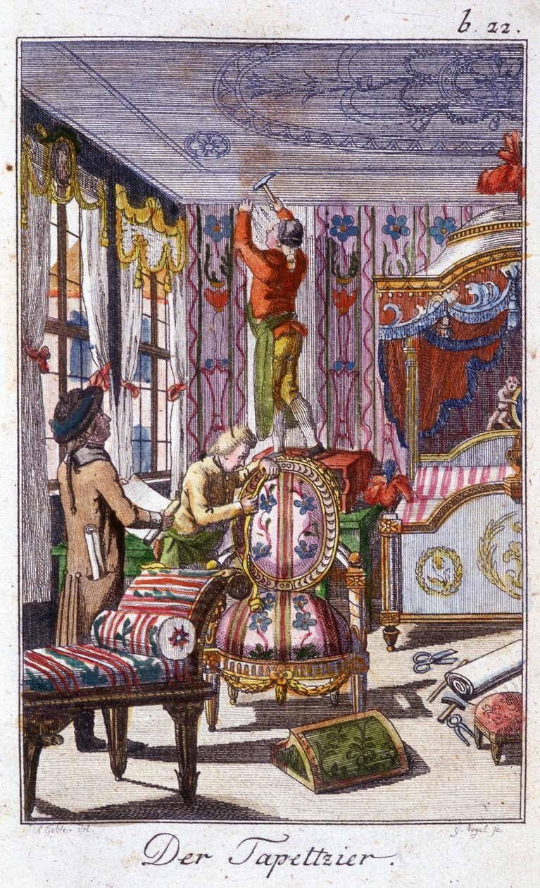 Artesanato: o estofamento. Em "Comprehensive description of arts and crafts and workshops for young people" por Johan Peter Vue. Ed. Nuremberga, Weigel e Schneider de Unknown artist