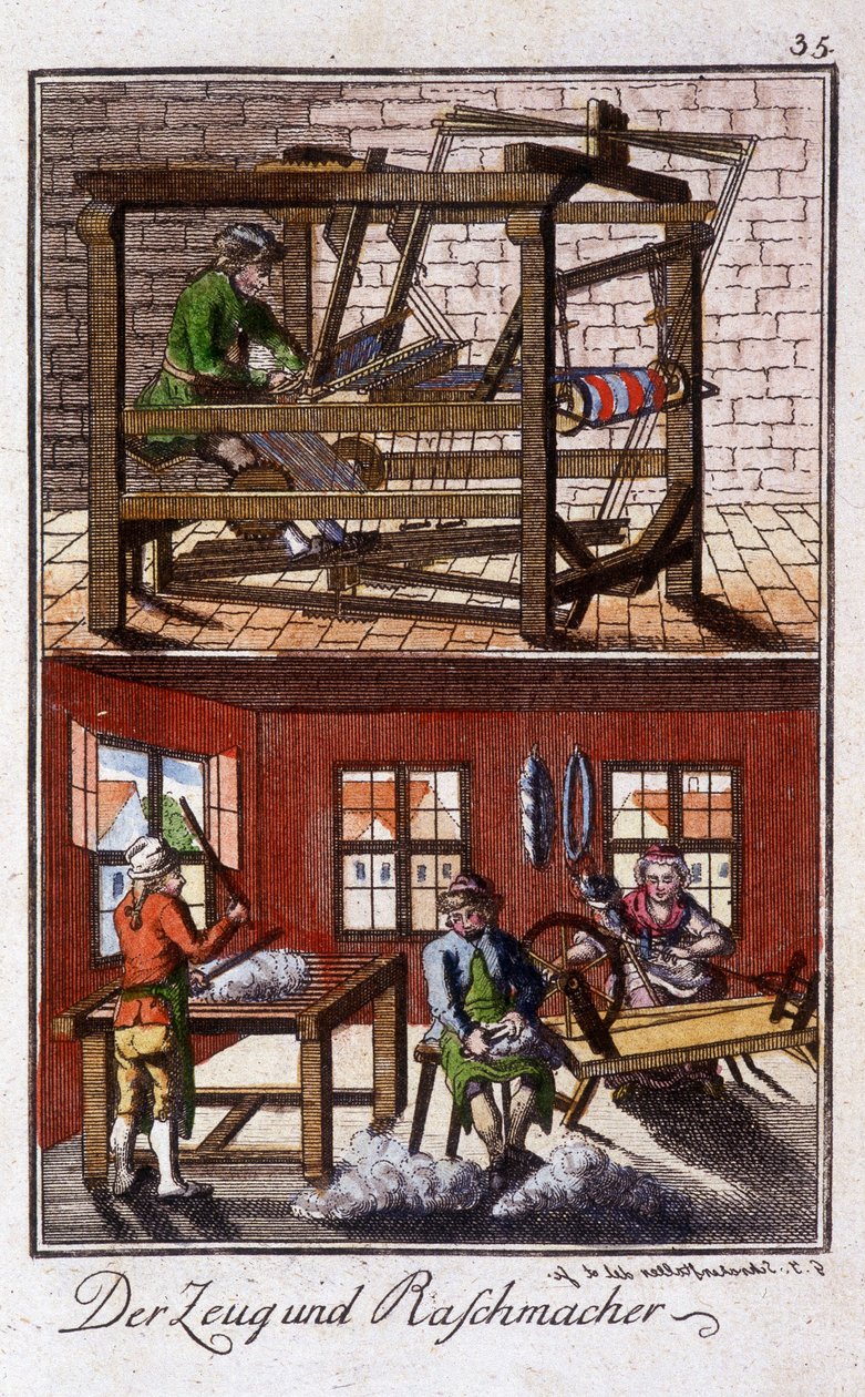 Artesanato: o tecelão na sua oficina. Em "Comprehensive description of arts and crafts and workshops for young people" por Johan Peter Vue. Ed. Nuremberga, Weigel e Schneider de Unknown artist