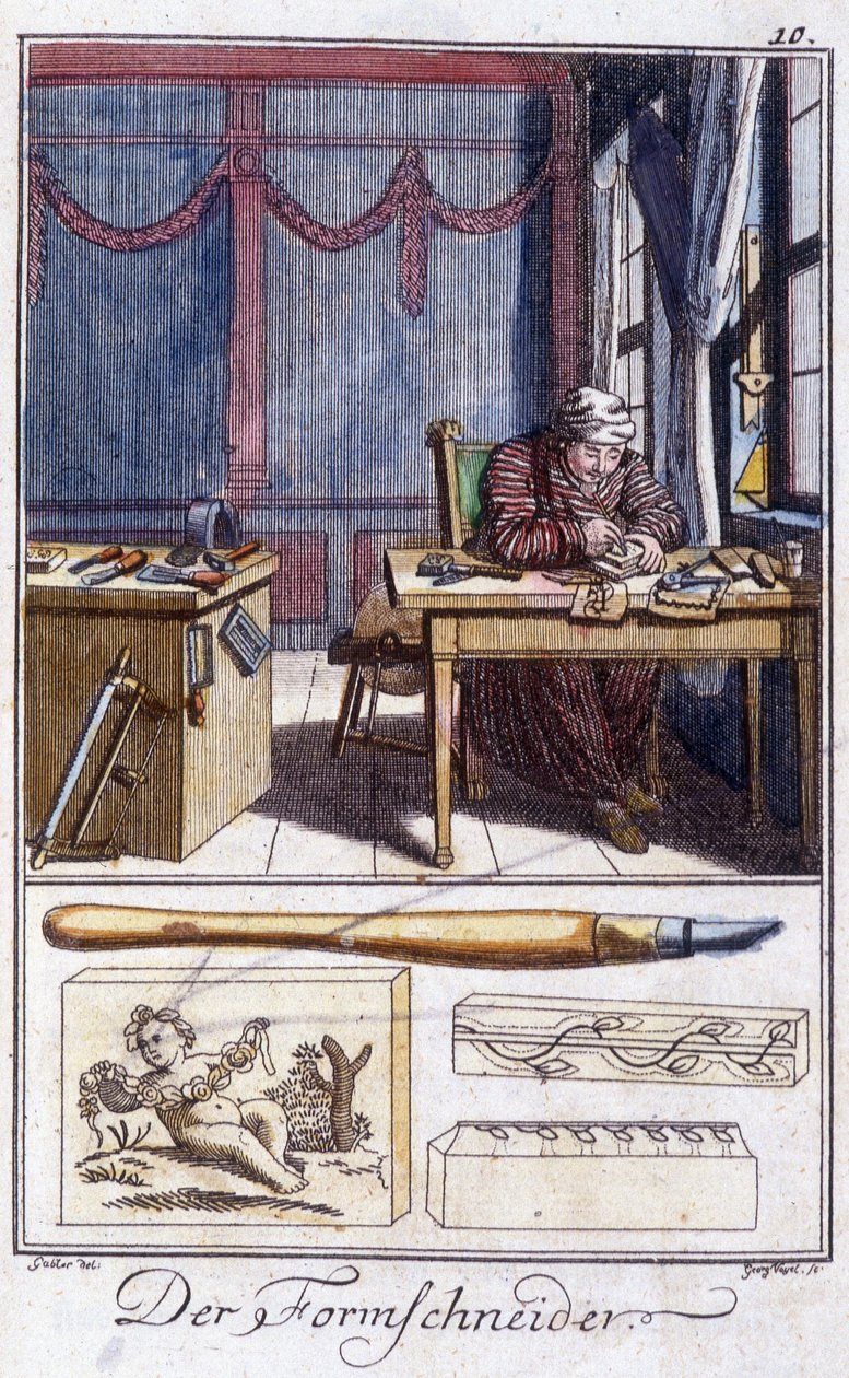 Artesanato: o gravador de madeira (e suas ferramentas de trabalho) em sua oficina. Em "Comprehensive description of arts and crafts and workshops for young people" por Johan Peter Vue. Ed. Nuremberga, Weigel e Schneider de Unknown artist