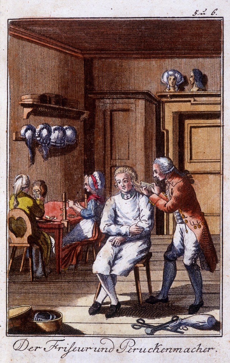 Artesanato: cabeleireiro e peruca na sua oficina. Em "Comprehensive description of arts and crafts and workshops for young people" por Johan Peter Vue. Ed. Nuremberga, Weigel e Schneider de Unknown artist