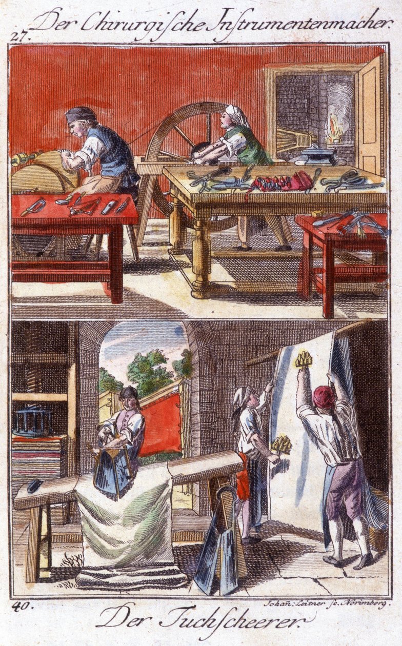 Artesanato: fabricante de instrumento cirúrgico (topo) e aparador de bainha (fundo) na sua oficina. Em "Comprehensive description of arts and crafts and workshops for young people" por Johan Peter Vue. Ed. Nuremberga, Weigel e Schneider de Unknown artist