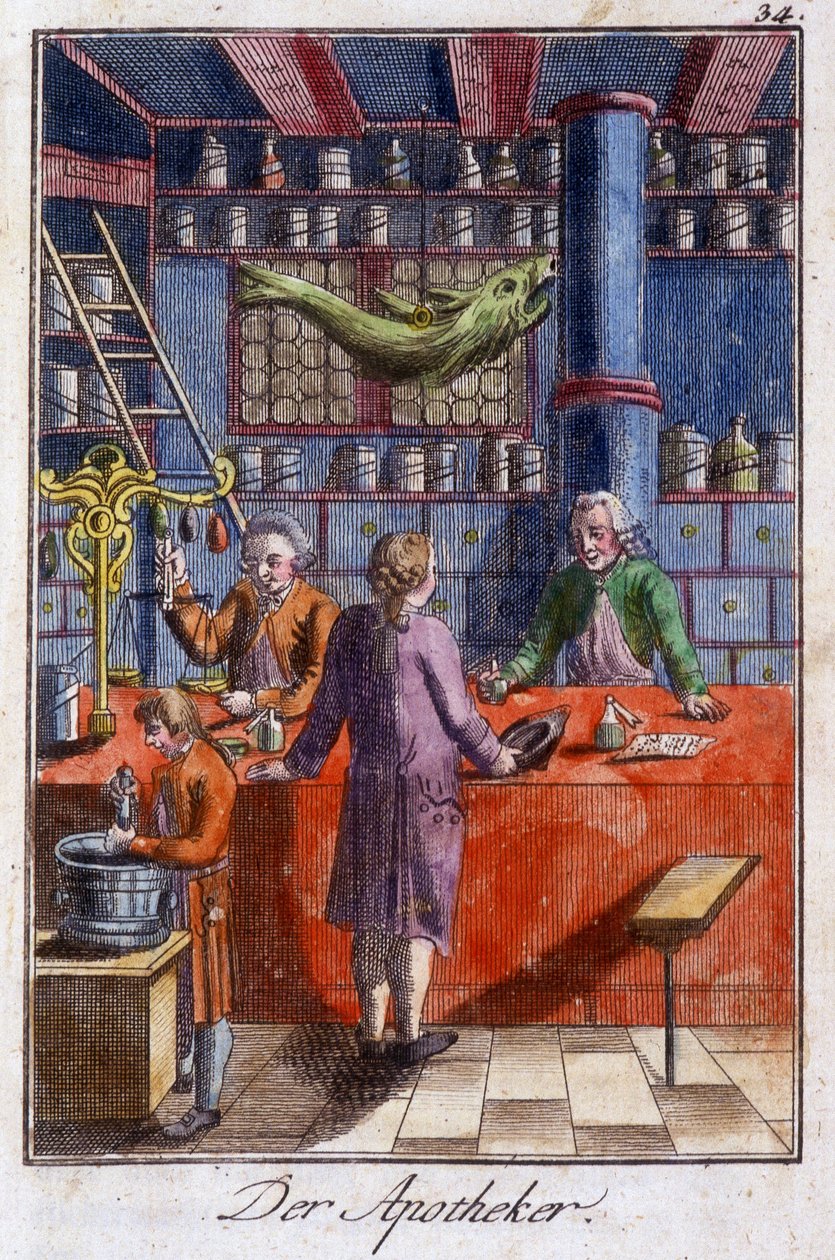 Artesanato: o boticário (farmacêutico) na sua oficina. Em "Comprehensive description of arts and crafts and workshops for young people" por Johan Peter Vire. Ed. Nuremberga, Weigel e Schneider de Unknown artist