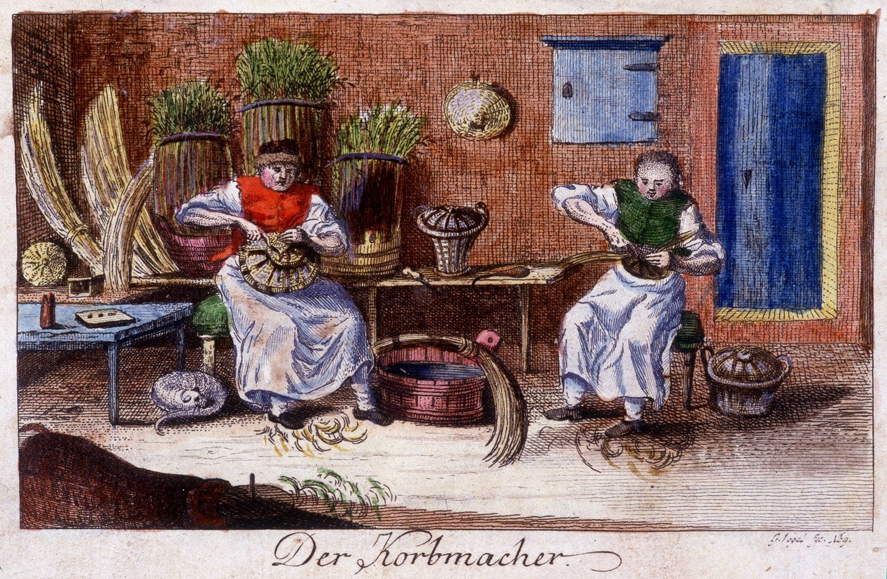 Artesanato: o fabricante de cestos na sua oficina. Em "Comprehensive description of arts and crafts and workshops for young people" por Johan Peter Vue. Ed. Nuremberga, Weigel e Schneider de Unknown artist