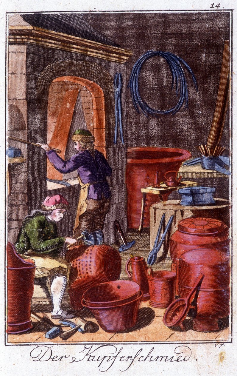Artesanato: o caldeireiro na sua oficina. Em "Comprehensive description of arts and crafts and workshops for young people" por Johan Peter Vue. Ed. Nuremberga, Weigel e Schneider de Unknown artist