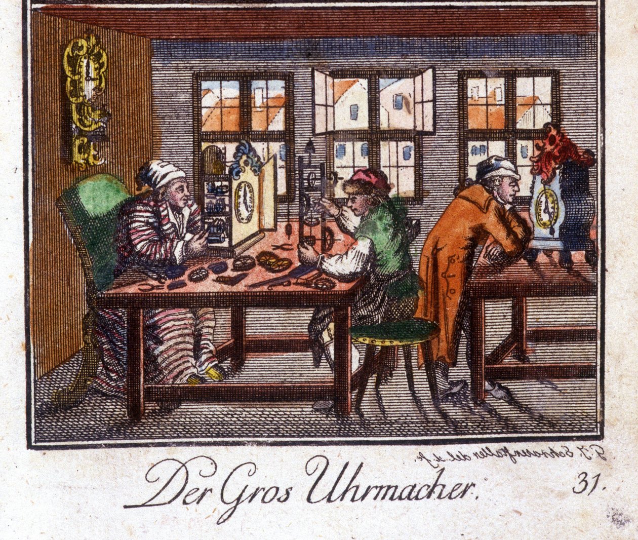 Artesanato: o relojoeiro da sua oficina. Em "Comprehensive description of arts and crafts and workshops for young people" por Johan Peter Vue. Ed. Nuremberga, Weigel e Schneider de Unknown artist