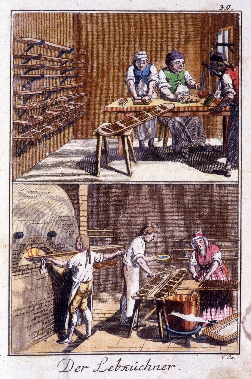 Artesanato: o fabricante de pão de gengibre na sua oficina. Em "Comprehensive description of arts and crafts and workshops for young people" por Johan Peter Vue. Ed. Nuremberga, Weigel e Schneider de Unknown artist
