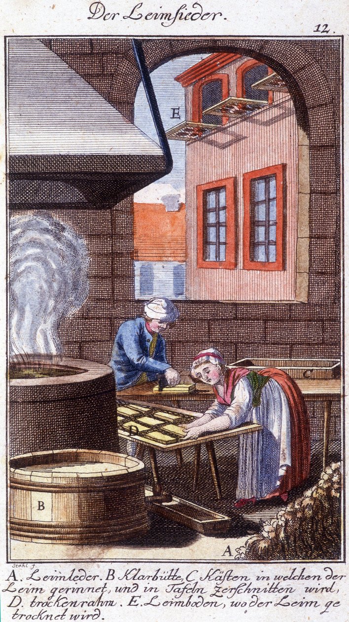 Artesanato: o fabricante de cola na sua oficina. Em "Comprehensive description of arts and crafts and workshops for young people" por Johan Peter Vue. Ed. Nuremberga, Weigel e Schneider de Unknown artist