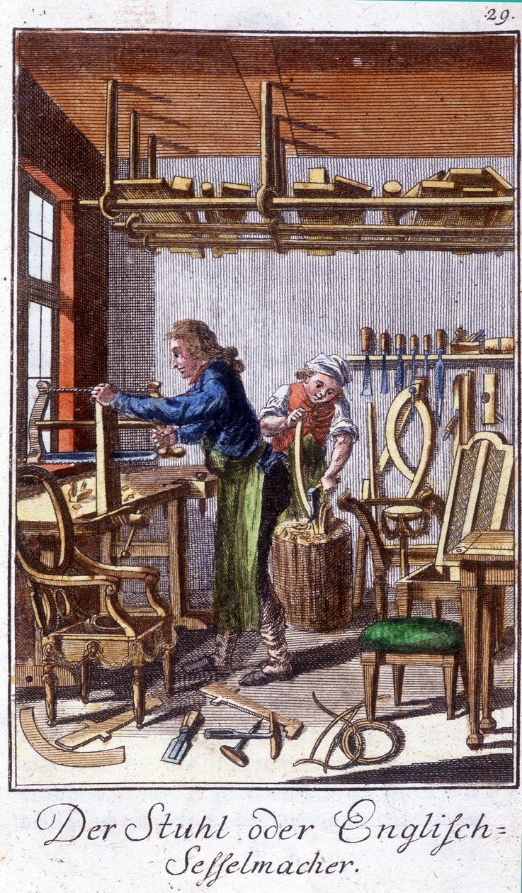 Artesanato: o fabricante de cadeiras na sua oficina. Em "Comprehensive description of arts and crafts and workshops for young people" por Johan Peter Vue. Ed. Nuremberga, Weigel e Schneider de Unknown artist
