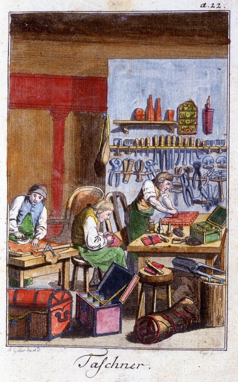 Artesanato: o pochetier e o gibecier na sua oficina. Em "Comprehensive description of arts and crafts and workshops for young people" por Johan Peter Vue. Ed. Nuremberga, Weigel e Schneider de Unknown artist