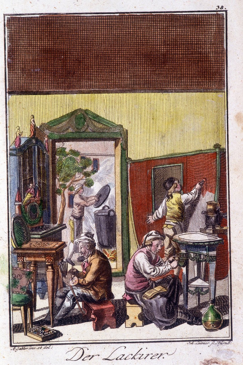 Artesanato: o envernizador na sua oficina. Em "Comprehensive description of arts and crafts and workshops for young people" por Johan Peter Vue. Ed. Nuremberga, Weigel e Schneider de Unknown artist