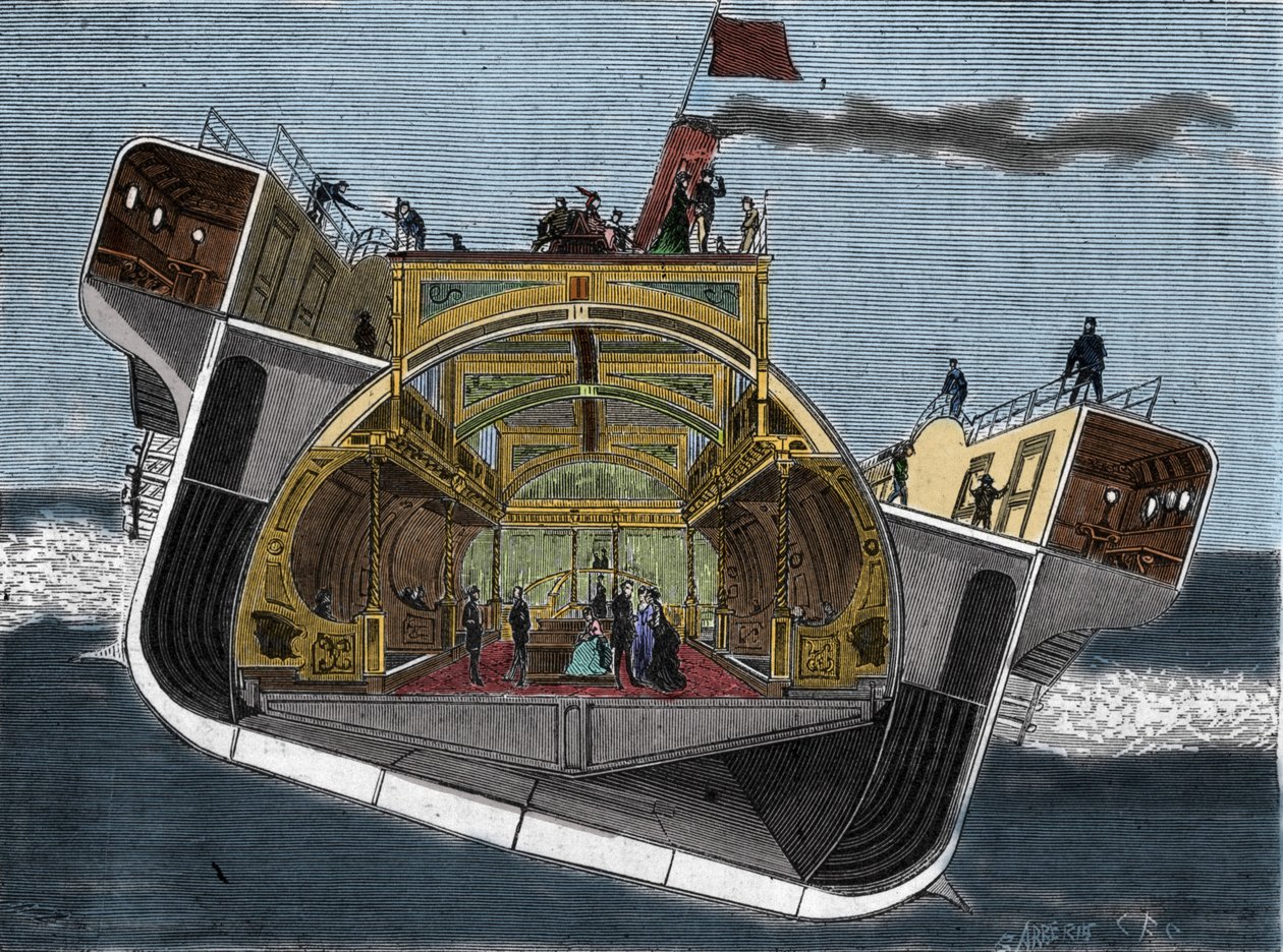 Secção transversal de um barco concebido por Henry Bessemer (1813-1898) contra os enjoos do mar. Gravura do século XIX. de Unknown artist