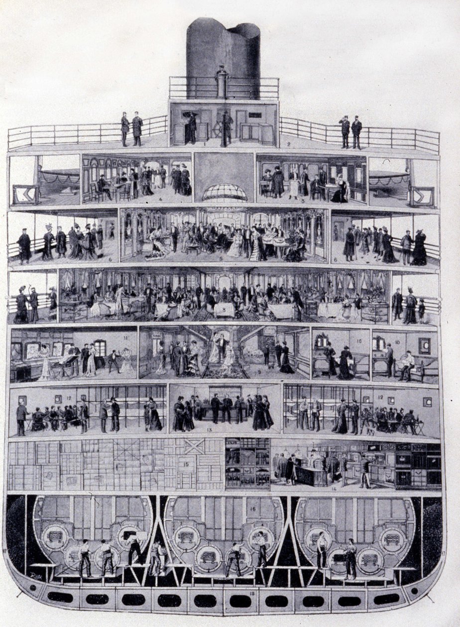 Secção transversal da "Provença" Transatlântica: da ponte ao porão. Ilustração do século XIX de Unknown artist