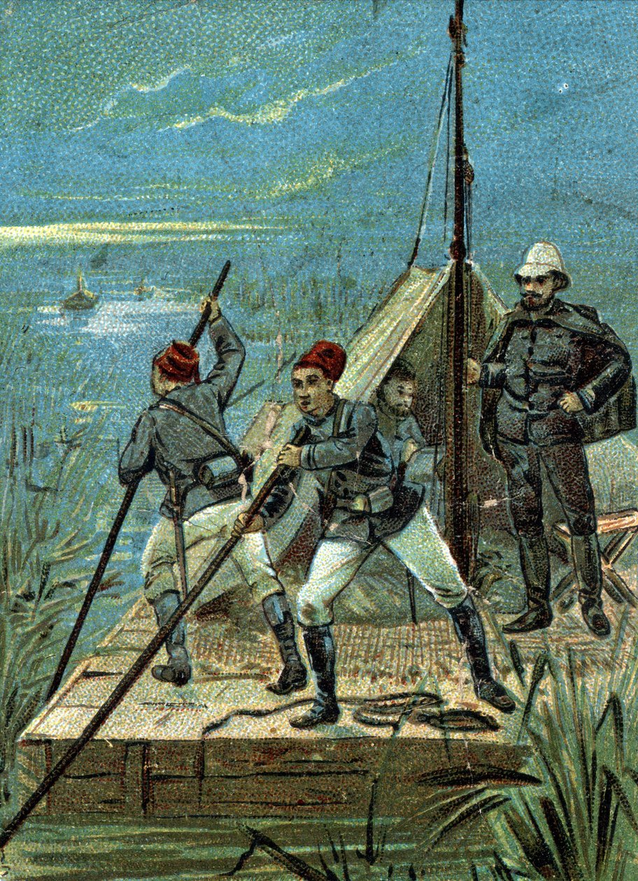 Atravessando os pântanos de Bahr el Ghazal na África pela missão Marchand em 1899. Cromolitografia de Liebig do século XIX de Unknown artist