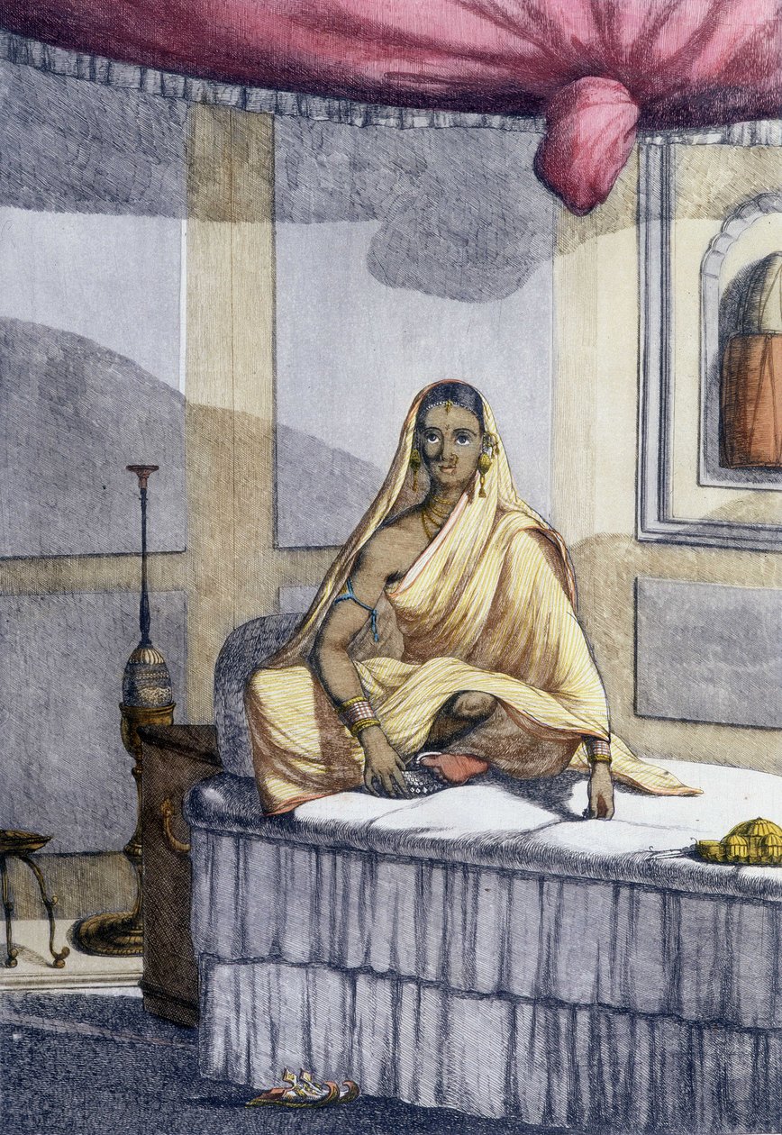 Cultura, civilização e sociedade indiana: "Mulher de distinção" ou mulher de casta superior. Gravura a partir de 1808. de Unknown artist