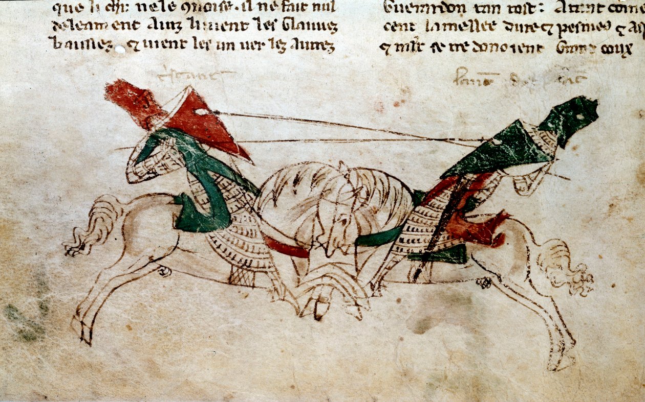 Ciclo do Rei Artur: "Batalha de Lancelot e Tristão" Miniatura tirada de "O romance de Meliadus de Leonnoys: juntos várias outras façanhas nobres de feitiços de cavaleiro pelo Rei Artur, Palamedes e Galliot de Pre" de Rustichello (Rustichello, Rusticiano) o de Unknown artist