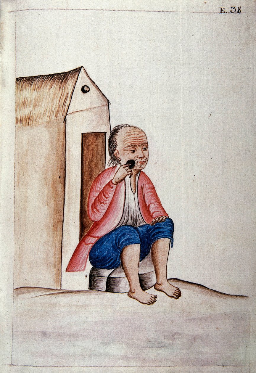Vida cotidiana e costumes do Peru: "" Índio rapando a barba à sua porta "" Aquarela tirada do livro "" Trujillo del Peru "" de Baltasar Martinez Companon y Bajanda, bispo de Trujillo (1782-1785). Madrid do século XVIII. Biblioteca del Palacio Real de Unknown artist