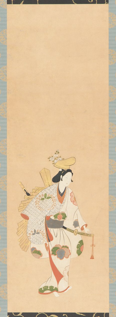 Dançarina em um vestido branco, estampado com flores e folhas coloridas de Unknown artist