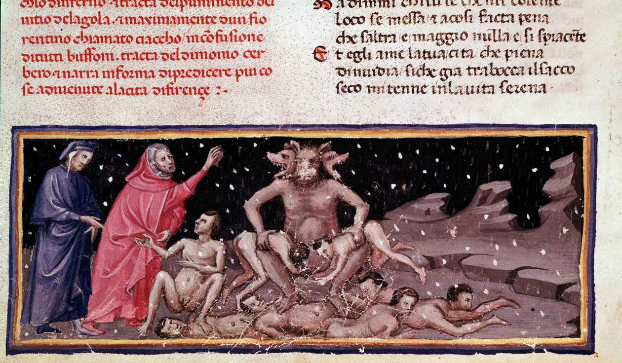 Dante e Virgil conhecem Ciacco e Cerbere com o glutão (canção 9 do Inferno, na Divina Comédia) - miniatura de Unknown artist