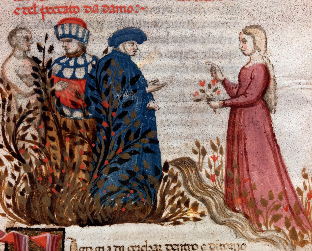 Dante conhece Matelda (canção 28 do Purgatório, na Divina Comédia) - miniatura de Unknown artist