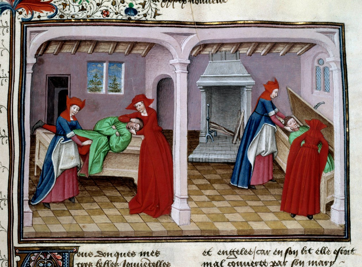 Morte Um paciente tem agonia. Após a sua morte, o seu corpo é colocado num caixão. Miniatura de "Le decameron" de Jean Boccaccio (Giovanni Boccaccio) (1313-1375) 1450 Paris, biblioteca do Arsenal de Unknown artist