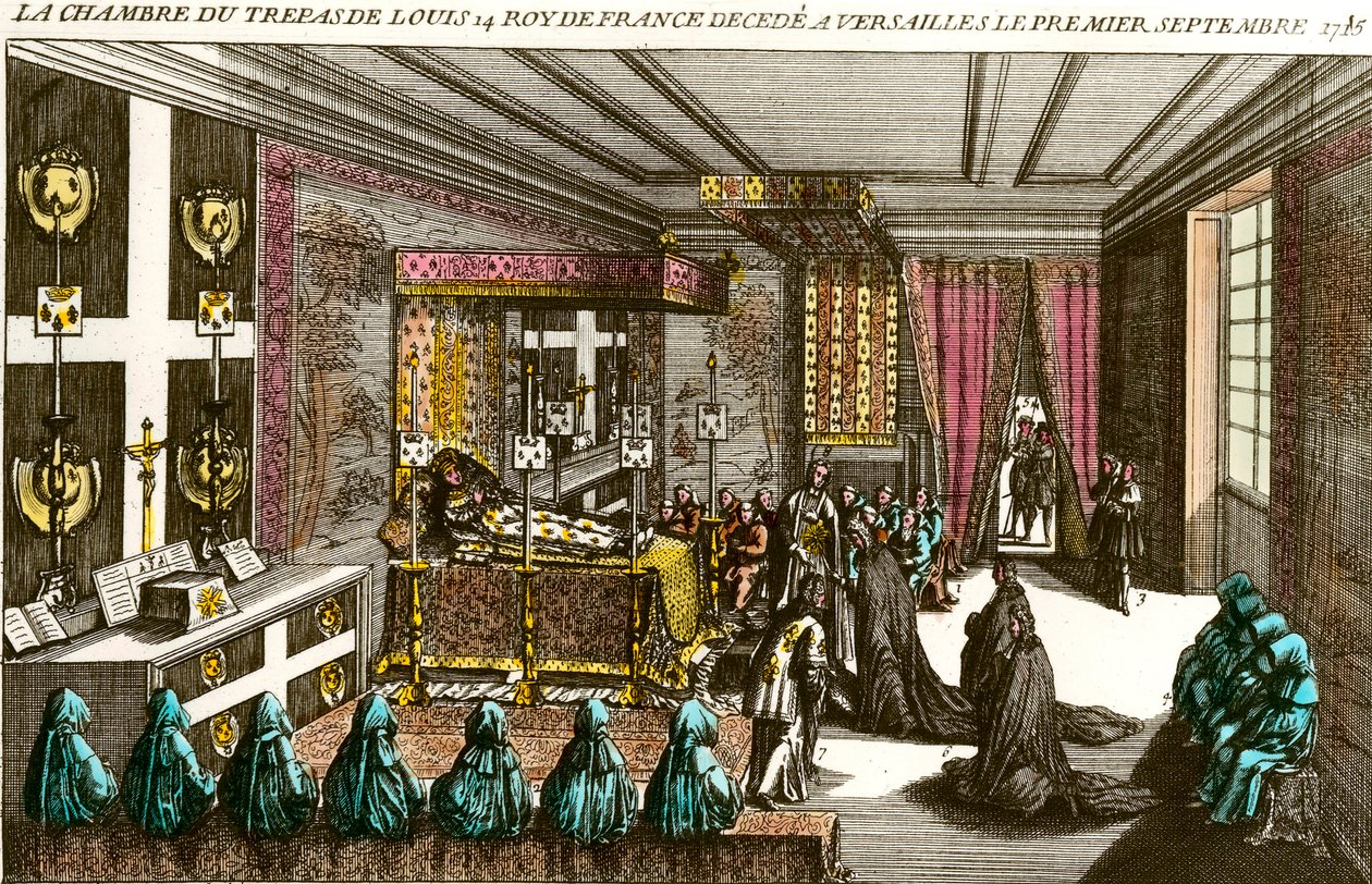 Morte do Rei Luís XIV: a câmara mortuária de Luís XIV (1638-1715), conhecida como Rei Soleil, decretada em Versalhes em 1/09/1715. Gravura da Coleção Privada do século XVIII de Unknown artist