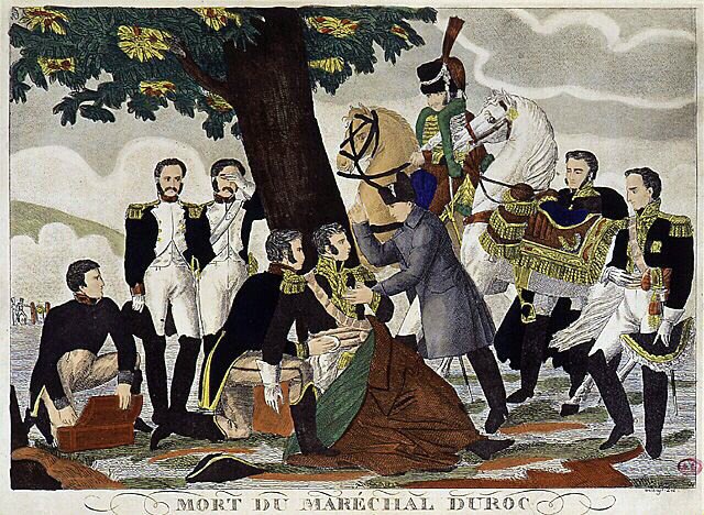 Morte do Marechal Duroc, Duque do Friuli, em 1813 (ferido fatalmente em Bautzen) assistido por Napoleão I e Murat. de Unknown artist