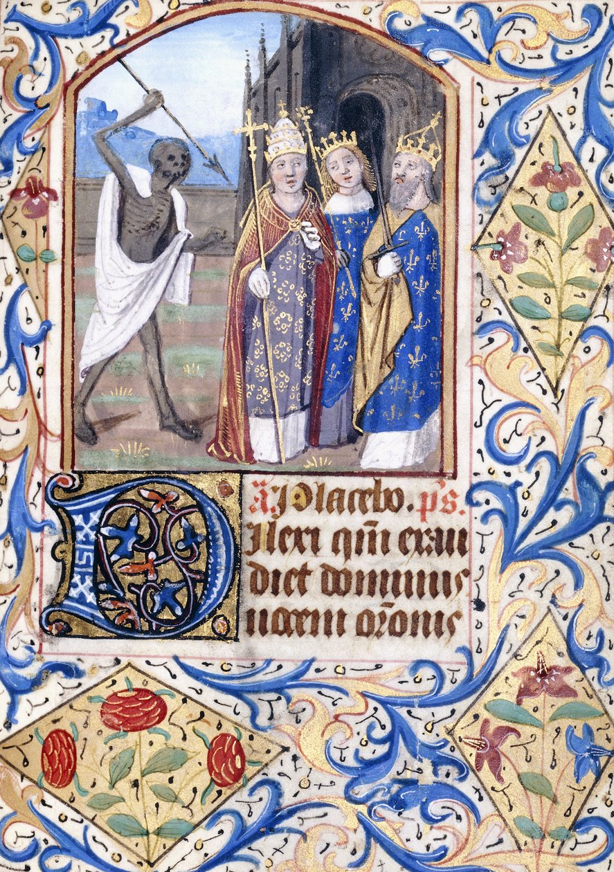Morte com sua lança apontando para três figuras, um Papa, um Rei, um Rei e uma Rainha, em Frente a uma Igreja Gótica, c.1470 de Unknown artist