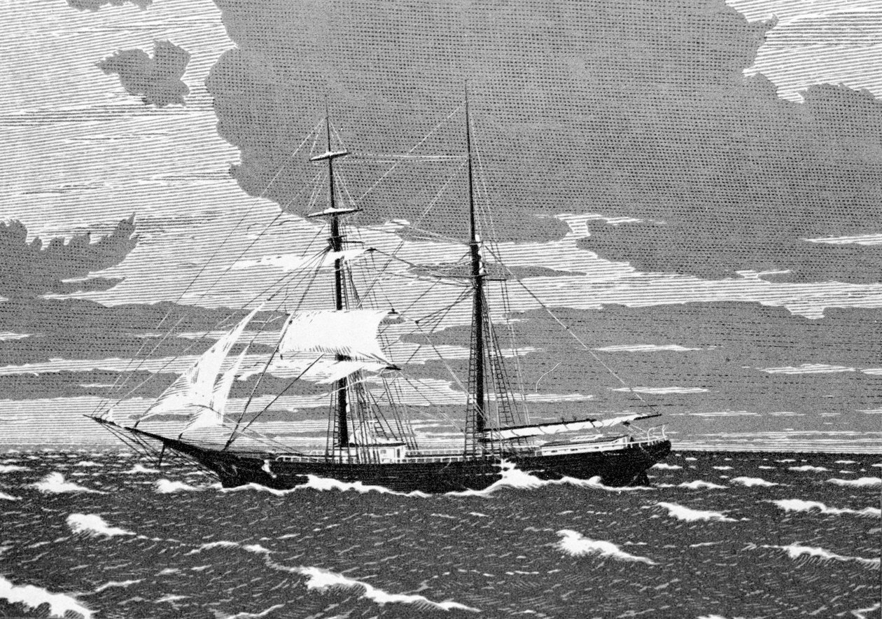Em dezembro de 1872, Maria Celeste foi encontrada abandonada no meio do Atlântico, ao largo das ilhas dos Açores. O capitão, sua esposa e sua filha de dois anos, assim como os oito tripulantes, desapareceram. Gravura do século XIX. de Unknown artist