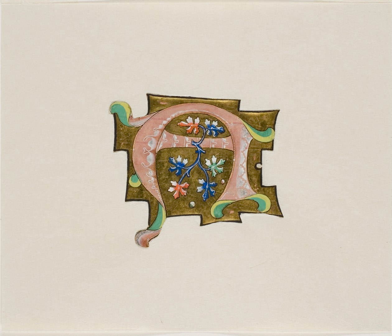 Inicial "A" decorada em cor-de-rosa com seis folhas e duas bolas, de um livro de coro de Unknown artist