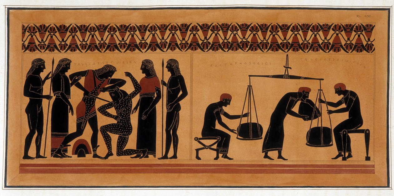 Derrota do Minotauro por Thesee - "Pinturas de vasos antigos, comumente chamados de etruscos", desenhados a partir de várias coleções e gravados por A. Clener, acompanhados de explicações de A.L. Millen. Por Dubois-Maisonneuve. Biblioteca de Maisons Alfort de Unknown artist