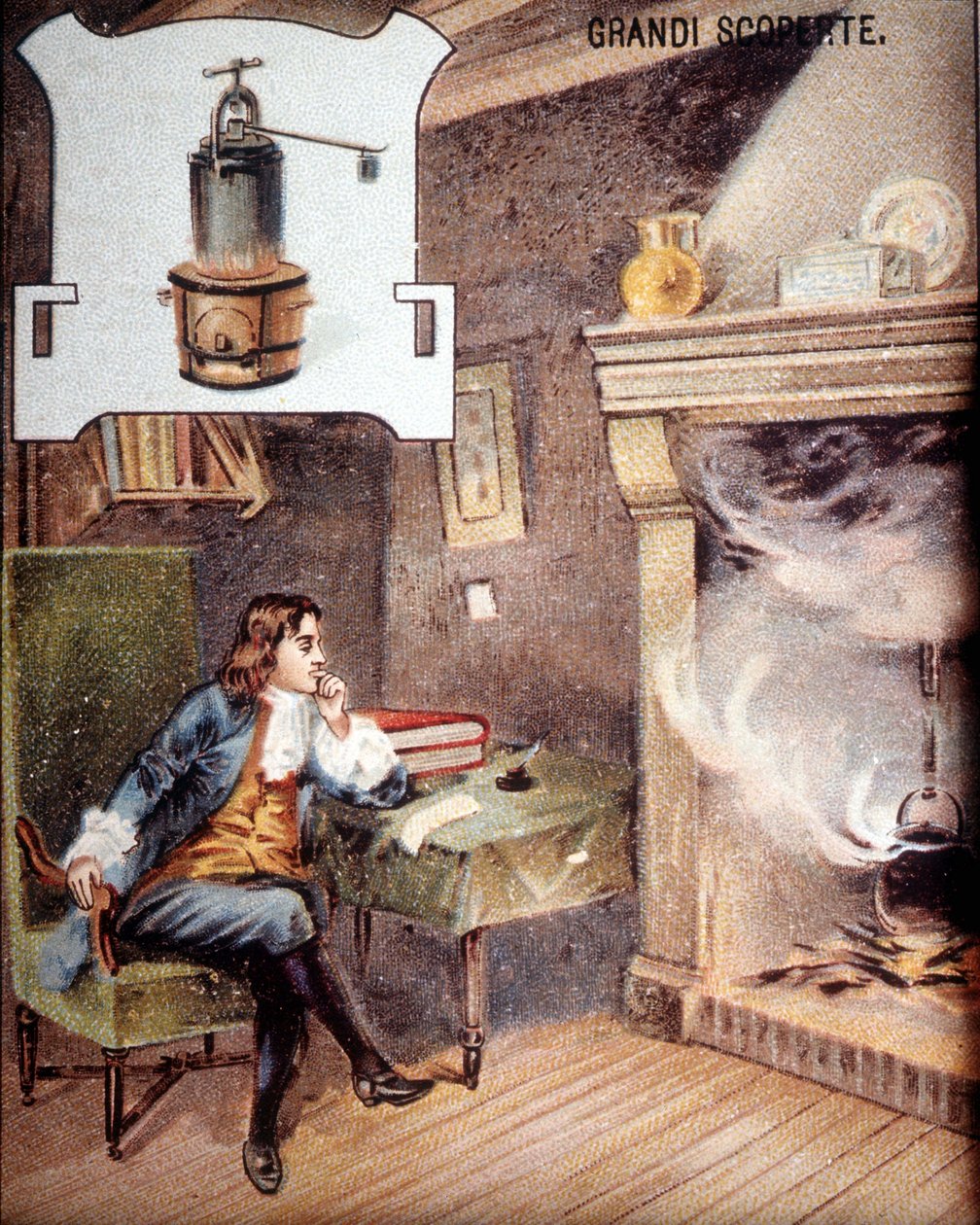 Denis Papin (1647 - 1714) inventa o pote. (ancestral do coquinho minúsculo) cromolitografia do século XIX. de Unknown artist