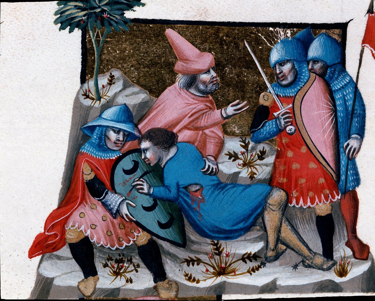 Denúncia de um crime de sangue Miniatura retirado do Código Justiniano (Codex Justinianus), uma coleção de leis e instituições publicadas sob o Imperador Romano Justiniano I de Bizâncio (483-565) de Unknown artist