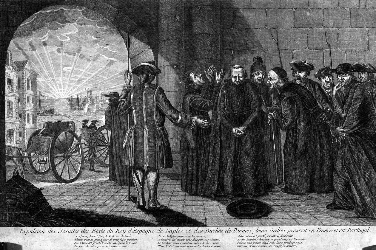Deportação dos jesuítas em 21/07/1773: Expulsão dos jesuítas dos estados do Rei de Espanha, Nápoles e do Ducado de Parma, suas ordens proibidas na França e em Portugal. Gravura desde o início do século XIX de Unknown artist