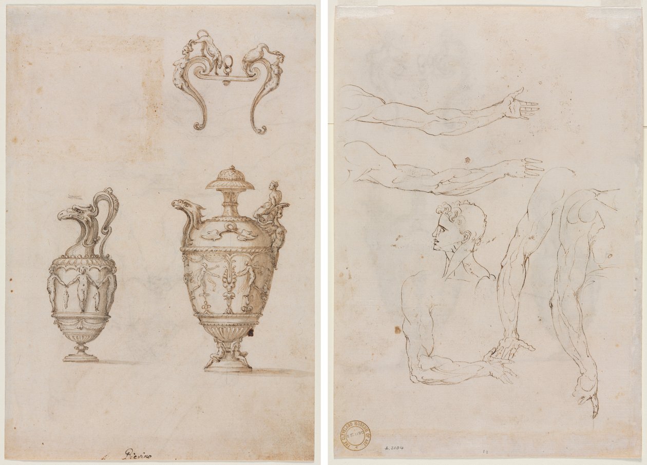 Desenho para Dois Vasos e um Ornamento (reto); Esboços de cinco braços e uma cabeça (verso) de Unknown artist