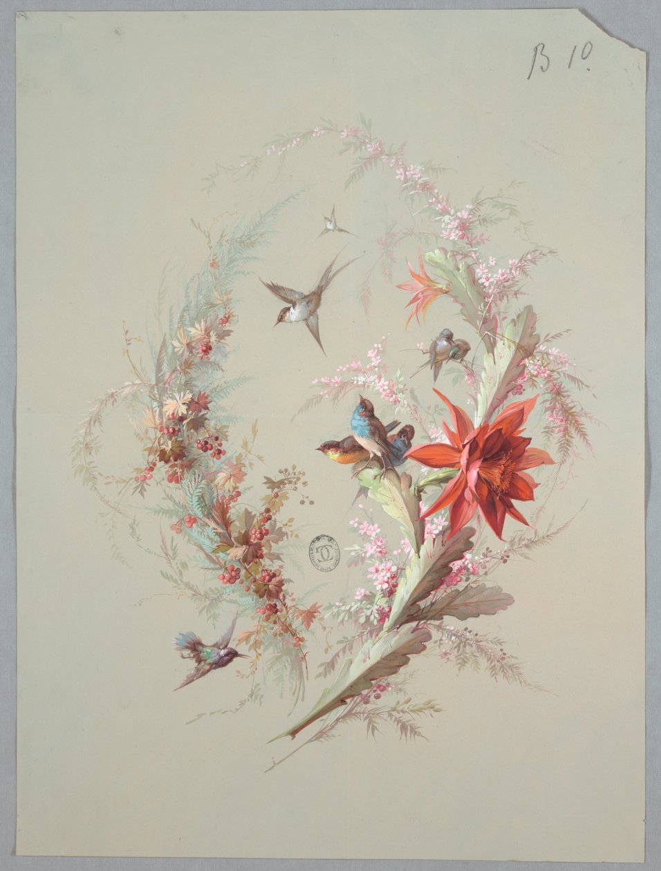 Design para papel de parede e têxtil: flores e pássaros de Unknown artist